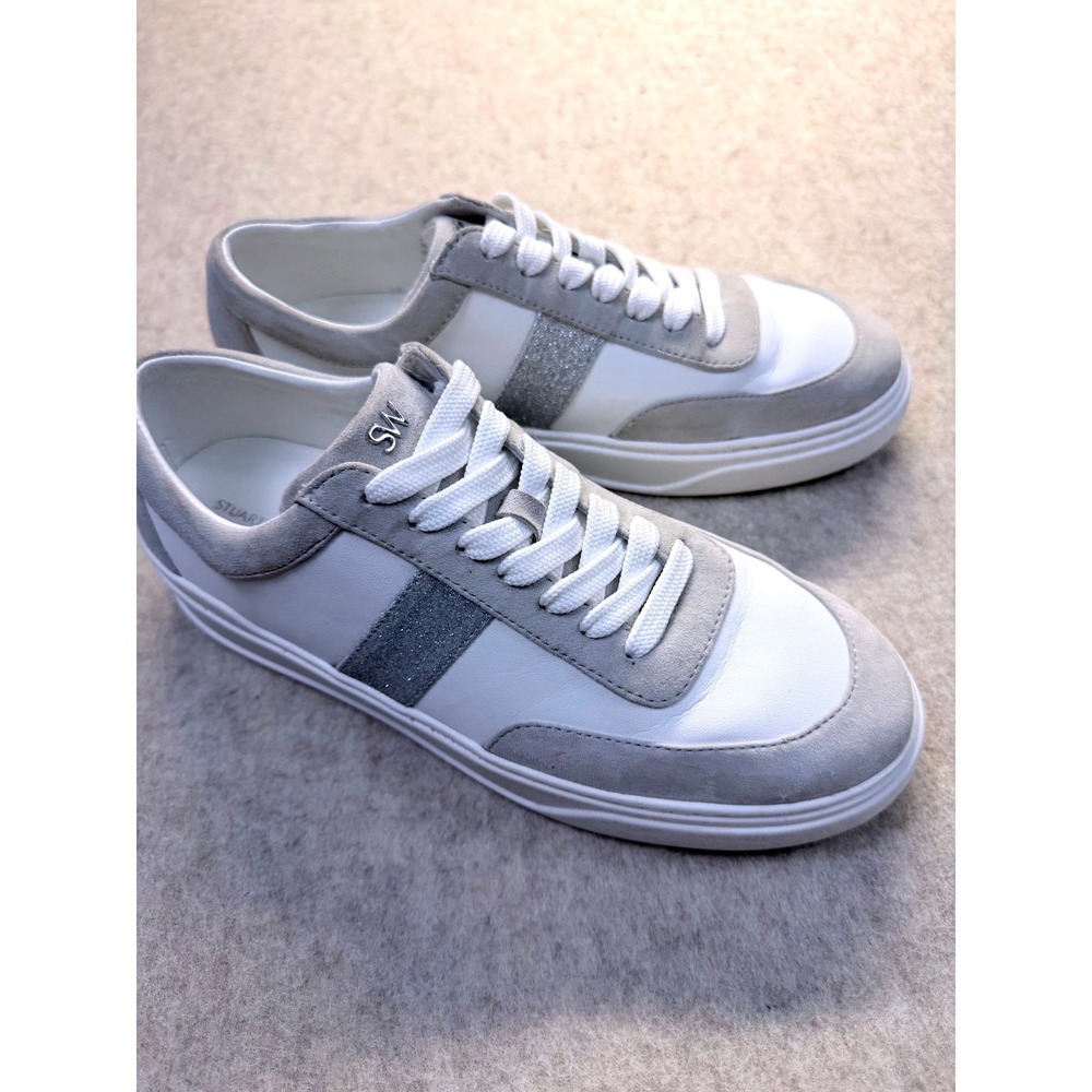 Stuart Weitzman Skater Sneaker Womens 8 White Grey Silver Glitter Leather Suede